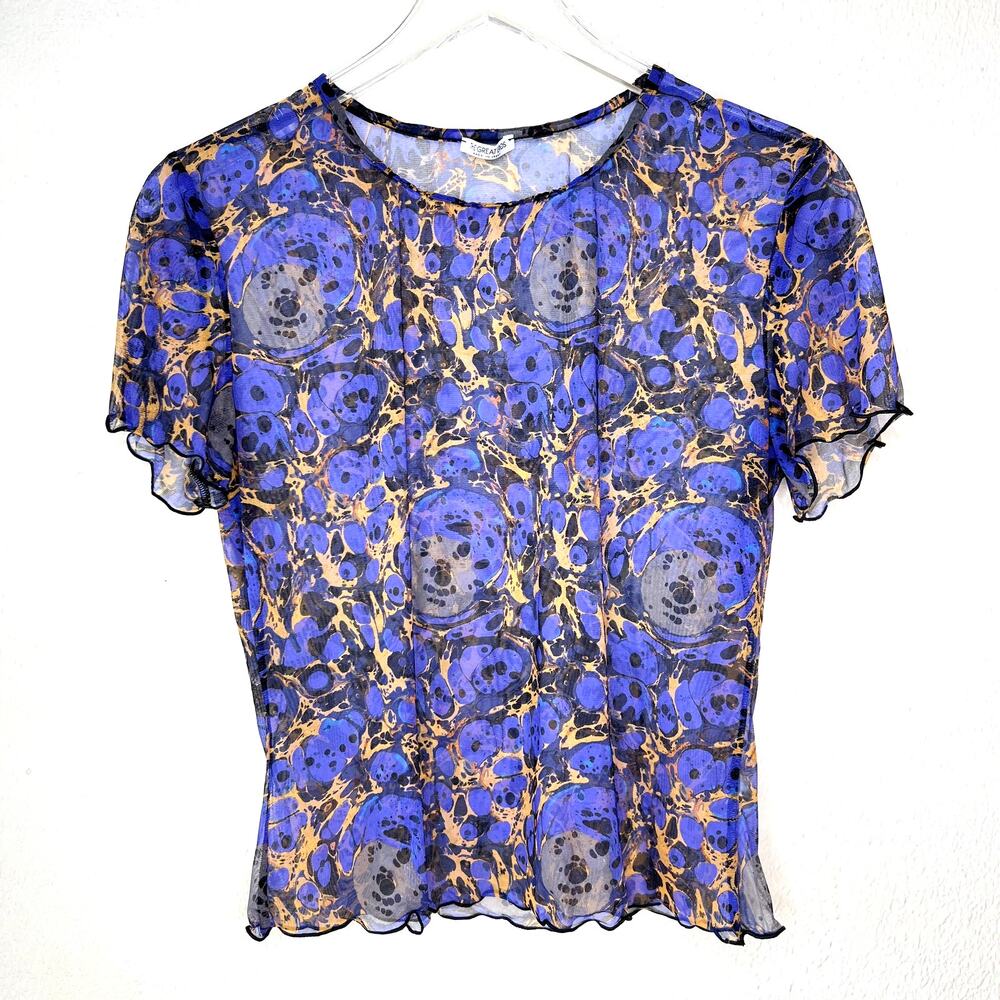 The Great Eros Canova Baby Tee Mesh Blue Printed Sheer Short Sleeve LARGE